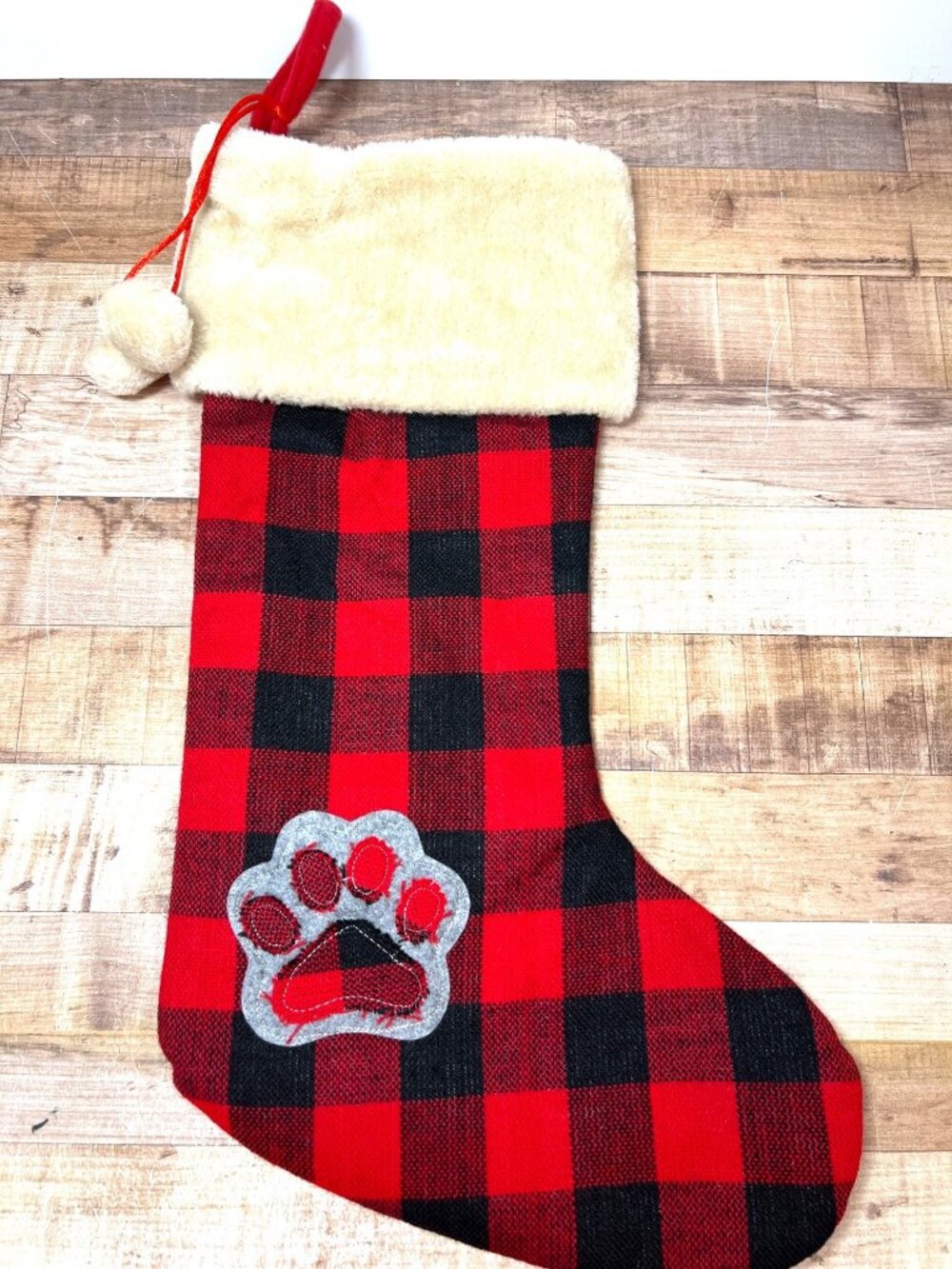 Red & Black Buffalo Plaid Pet Christmas Stocking With Faux Fur Cuff & Paw Print